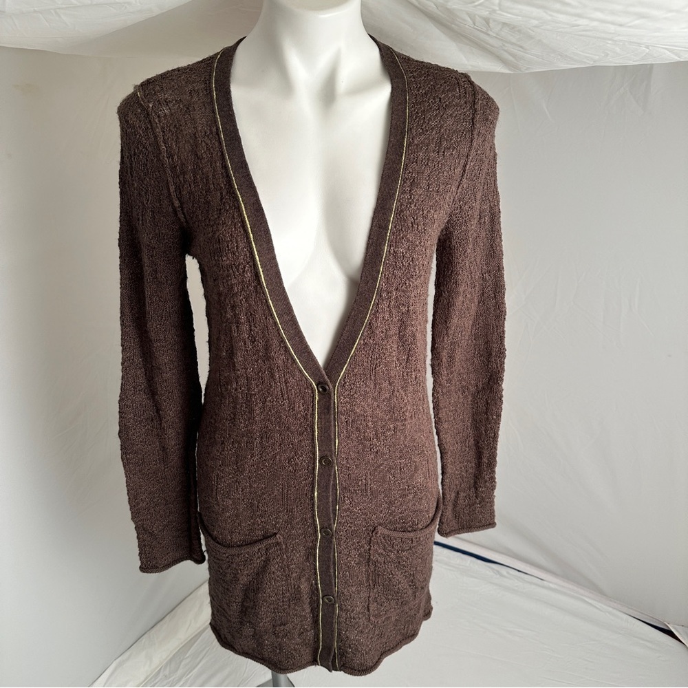 Free People brown and yellow long button knit boho cardigan sweater